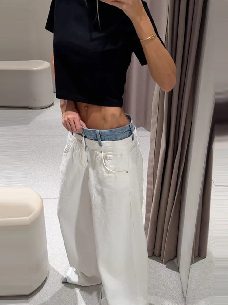 Casual Denim Patchwork Jeans Women Button Zippers Pocket Long Wide Leg Trousers Female 2026 Autumn Winter New Lady Bottoms Chic