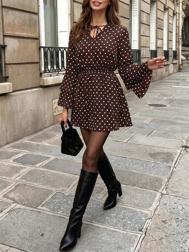 Women's Mini Dress Polka Dot Tie V-Neck Flared Long-Sleeve Slim-Fit Casual Summer Club Dress