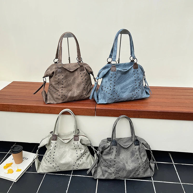 Women's Rivet PU Leather Large Capacity Shoulder Bag – Punk Style Tote Handbag