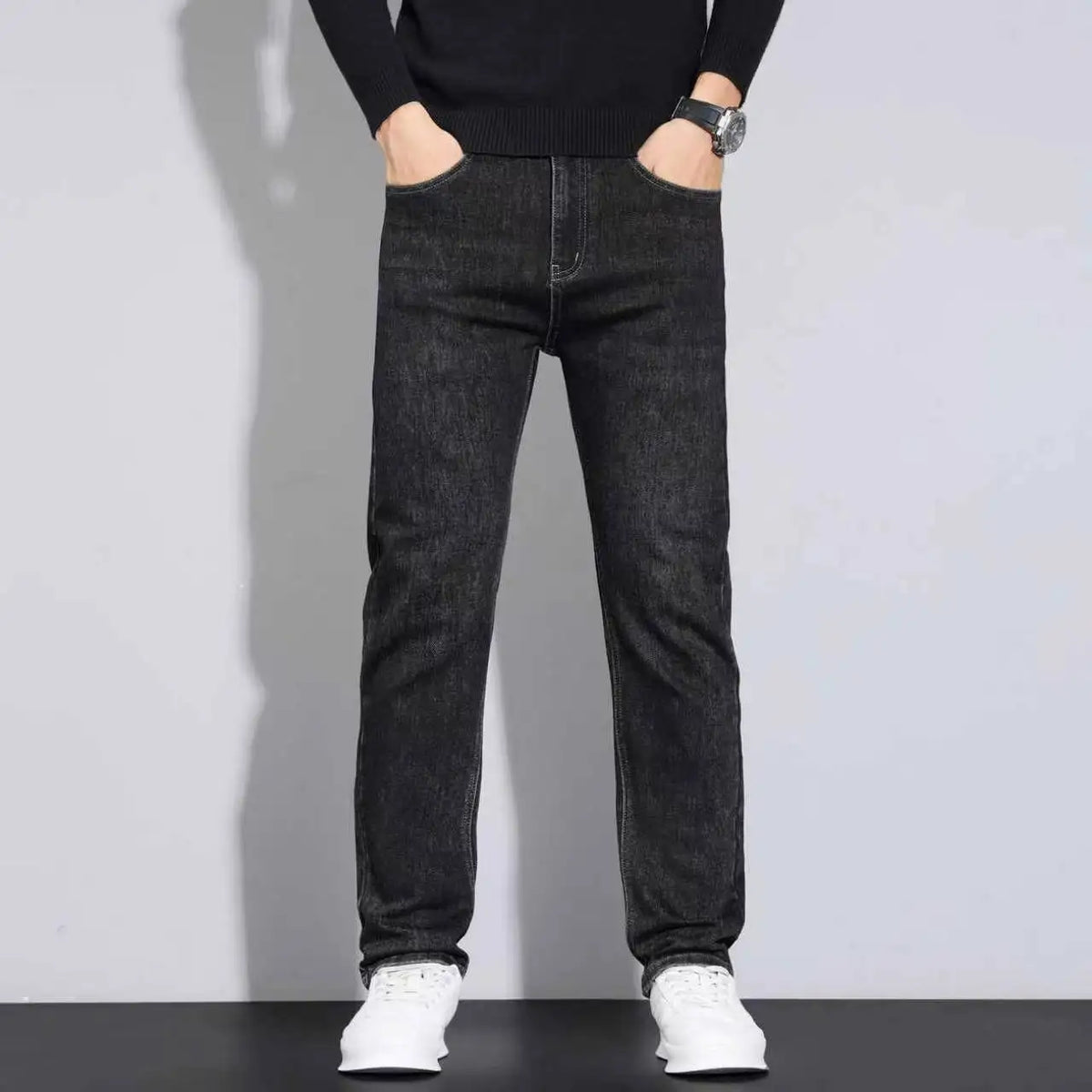New Style Business Men's Jeans Casual Straight Stretch Fashion Classic Blue Black Work Pant Denim Trousers Male Clothing