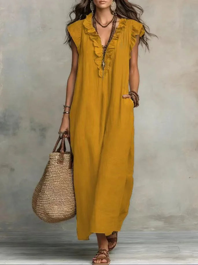 Boho Maxi Dress with Pockets – Ruffle V-Neck Sleeveless Beach Dress
