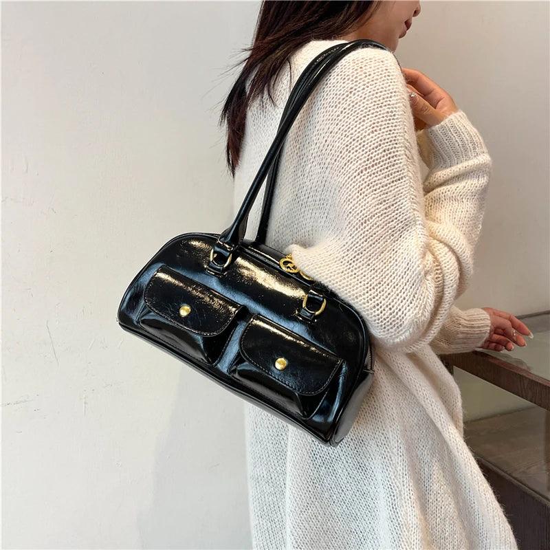 Double Snap Pockets Retro Leather Shoulder Bags Women Zipper Tote Handbags