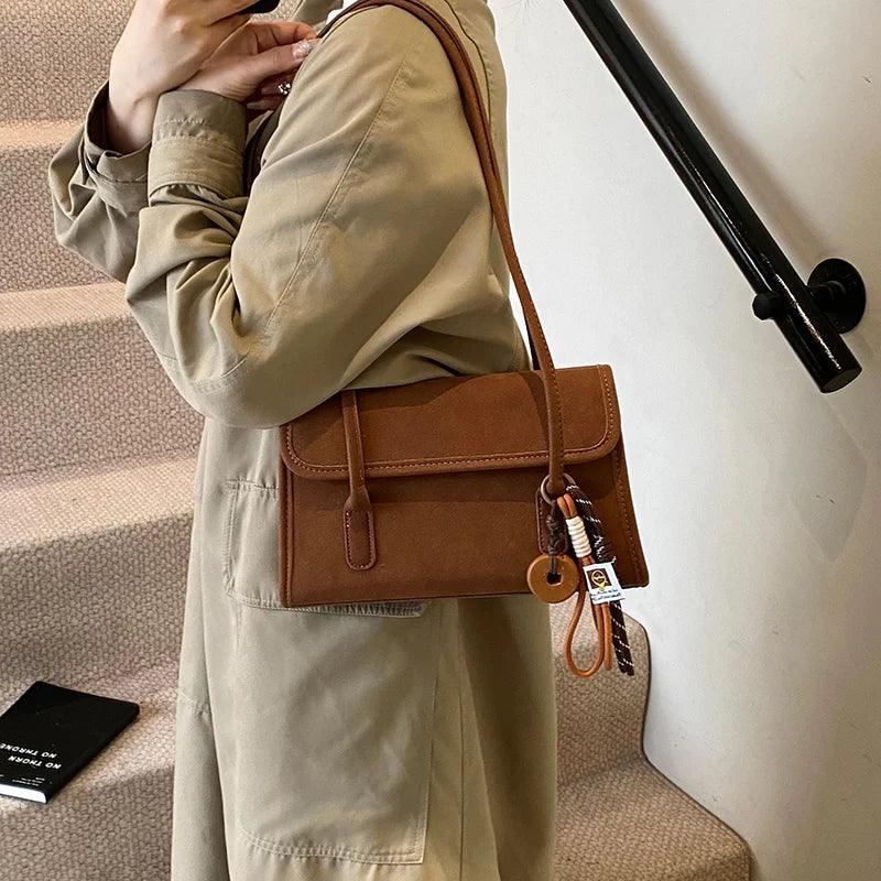 Suede Tote Bags Medium Shoulder Bag Women Retro Flap Snap Tassel Handbags