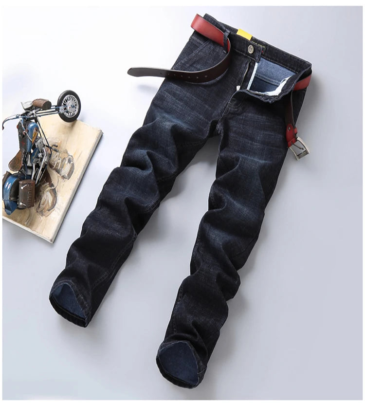 New High Quality Jeans Men's Business Casual Straight Denim Pants Stretch Fashion Classic Work Trousers Blue Black Male