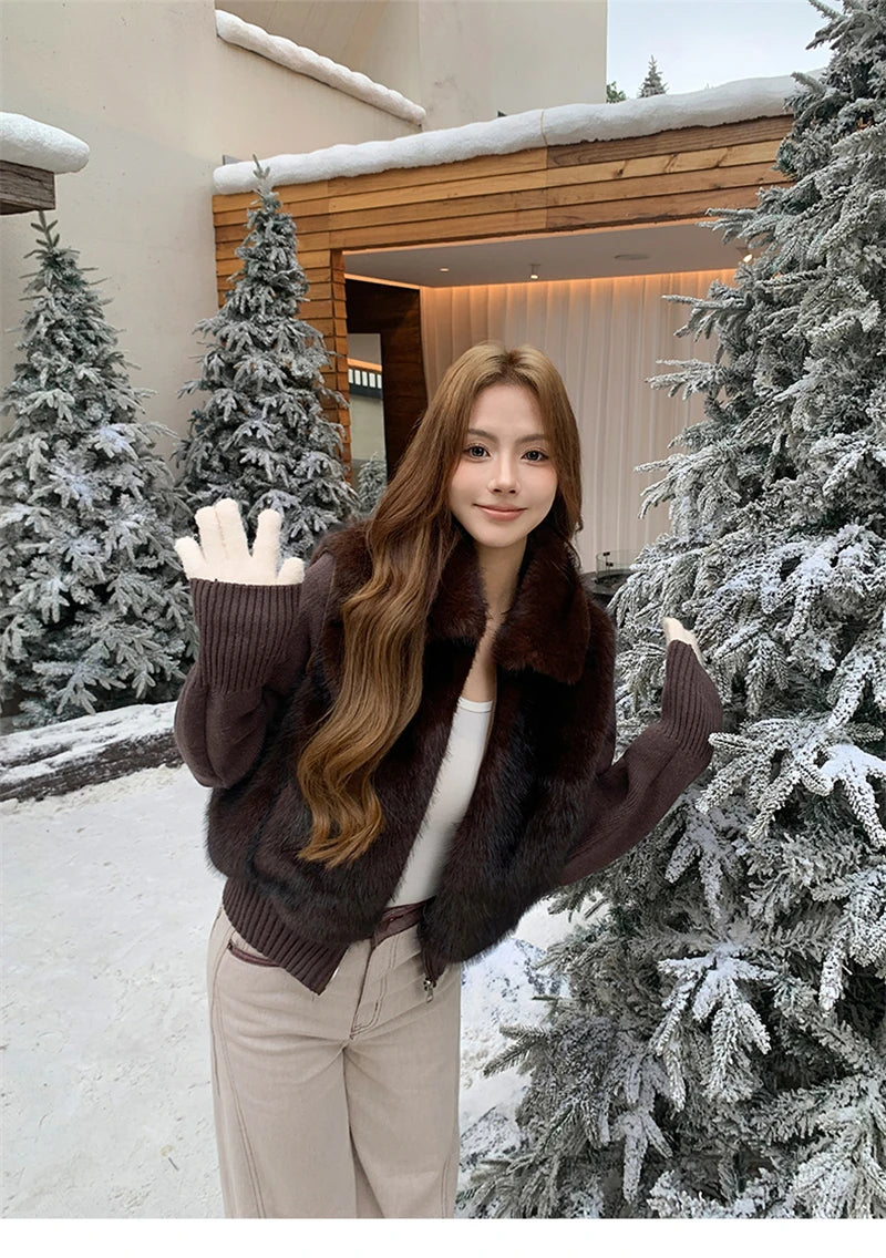 Women's Cropped Faux Fur Jacket with Ribbed Knit Sleeves
