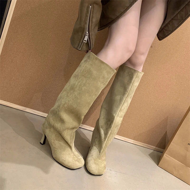 Women's Slouchy Faux Suede Knee-High Heeled Boots