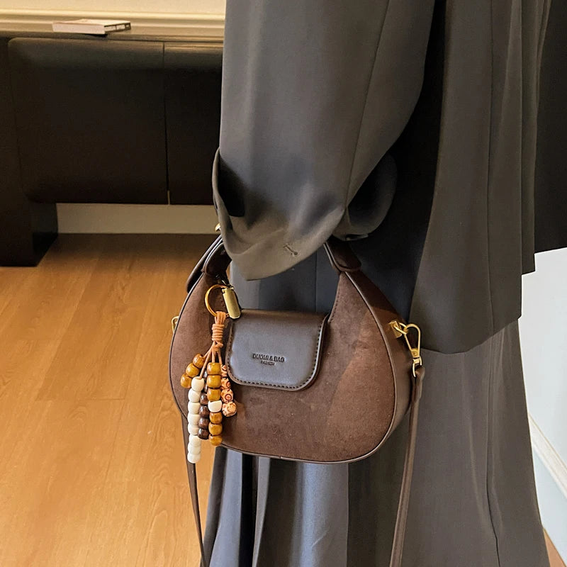 Women's Retro PU Leather Small Saddle Bag – Crossbody Shoulder Handbag with Pendant