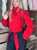 Women Trendy Red Turtleneck Jacket High Street 2026 Spring Fashion Elegant Belt Short Coat Female Chic Outwear