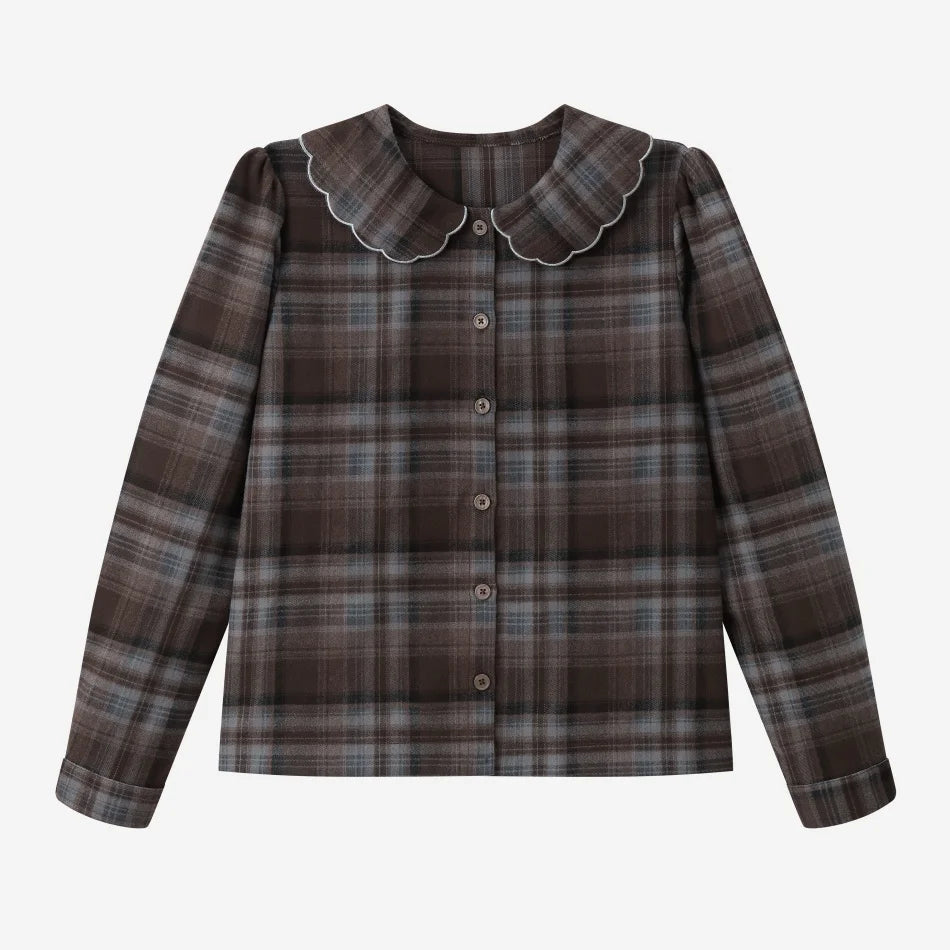 Vestido Familiar Combinado em Xadrez Castanho & Roupas de Irmãos com Bordado