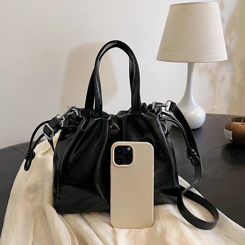 Small Leather Bucket Bags Tote Handbags Women Drawstring Crossbody Bags