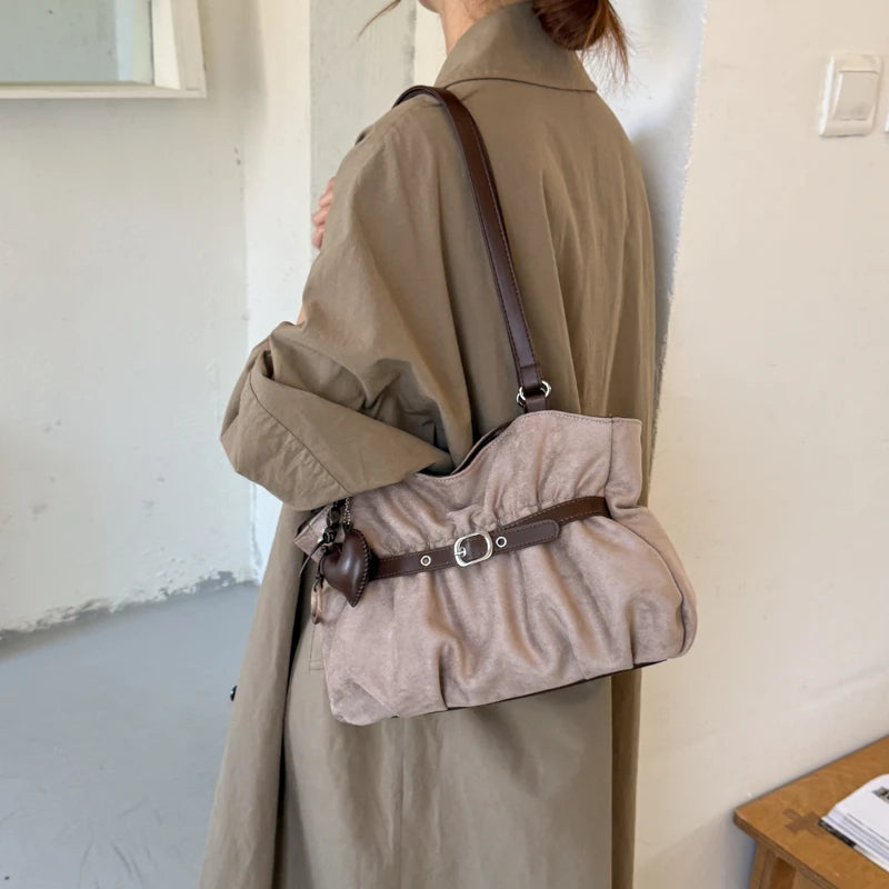 Women's Shoulder Bag Vintage Ruched PU Leather Zipper Tote Bag with Phone Pocket & Charm