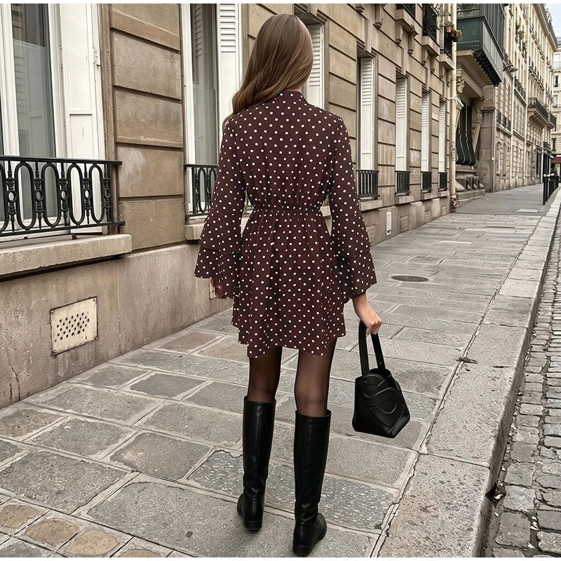 Women's Mini Dress Polka Dot Tie V-Neck Flared Long-Sleeve Slim-Fit Casual Summer Club Dress