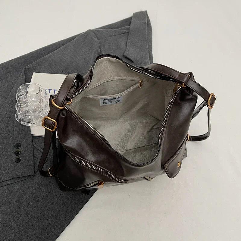 Large Leather Shoulder Bags Irregular Zip Outer Pockets Women Soft Handbags