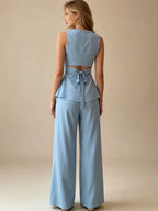 2026 Women Casual Set Elegant Back Tie Sleeveless Peplum Top + Wide Leg Pants 2 Pieces