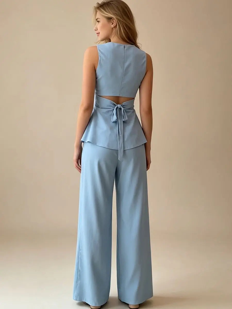 2026 Women Casual Set Elegant Back Tie Sleeveless Peplum Top + Wide Leg Pants 2 Pieces
