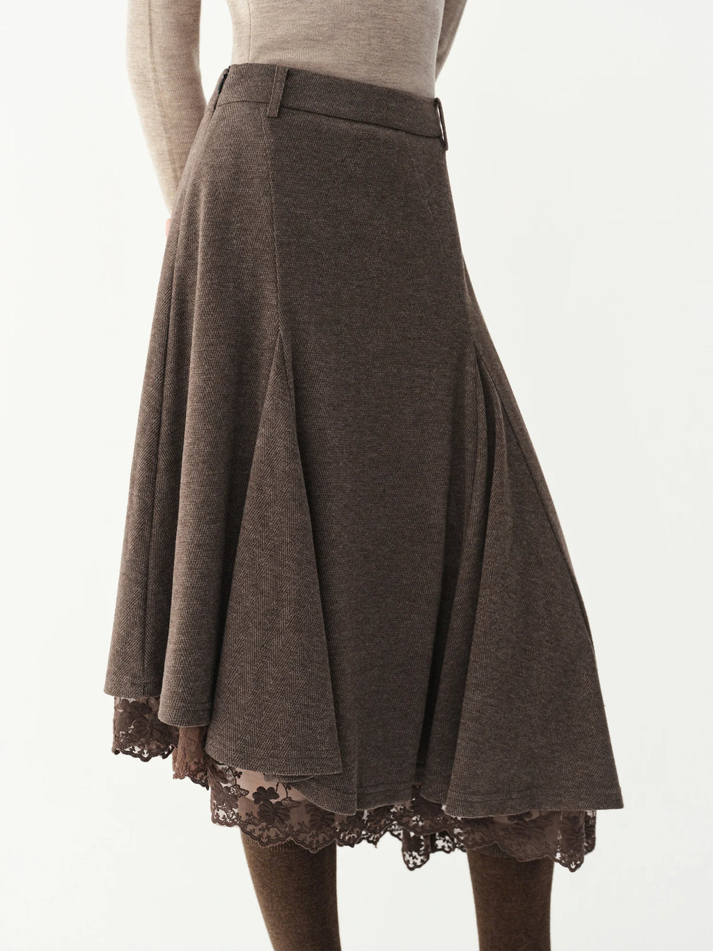 Women's Woolen Skirt Lace Panel Asymmetric Hem A-Line Empire Waist Mid-Calf Knit Casual Office Winter