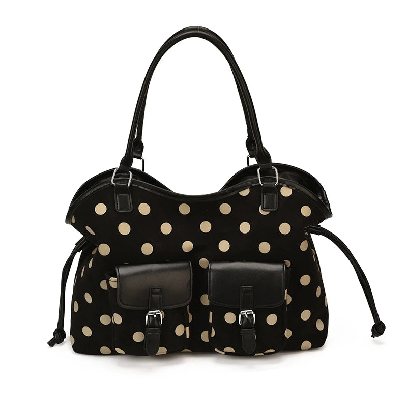 Women's Tote Bag Vintage Dot-Pattern Faux PU Leather Zipper Shoulder Bag with Phone Pocket