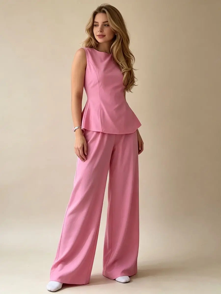2026 Women Casual Set Elegant Back Tie Sleeveless Peplum Top + Wide Leg Pants 2 Pieces