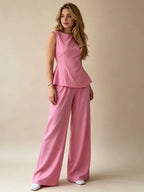 2026 Women Casual Set Elegant Back Tie Sleeveless Peplum Top + Wide Leg Pants 2 Pieces