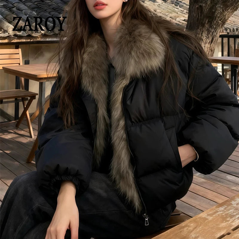 Women's Cropped Puffer Jacket with Faux Fur Collar