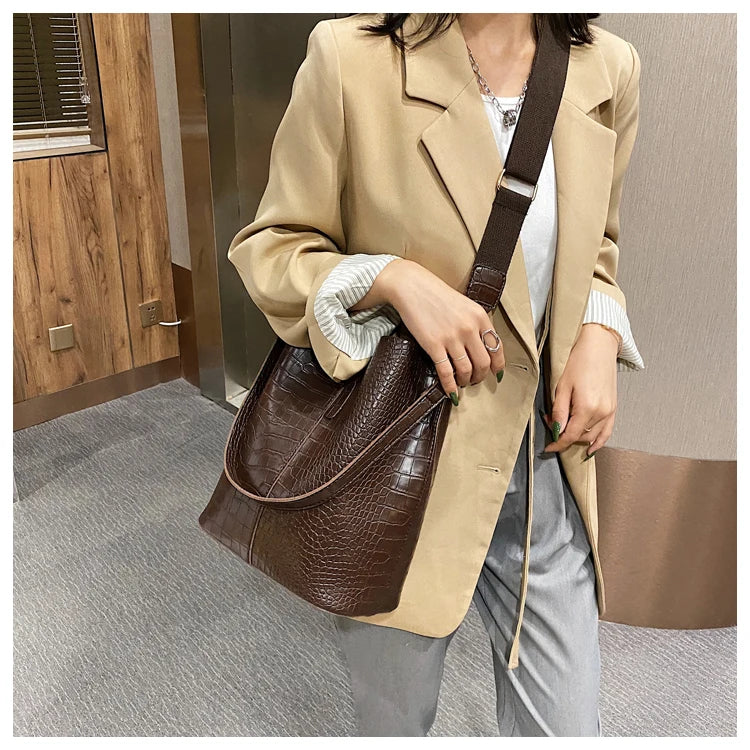 Women Bag Vintage Crocodile Pattern Crossbody Bags PU Leather Trend Designer Shoulder Handbags Large Capacity Bucket