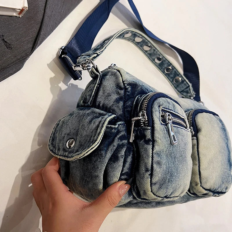 Denim Small Shoulder Bag Women Zipper Outer Pockets Retro Crossbody Purses