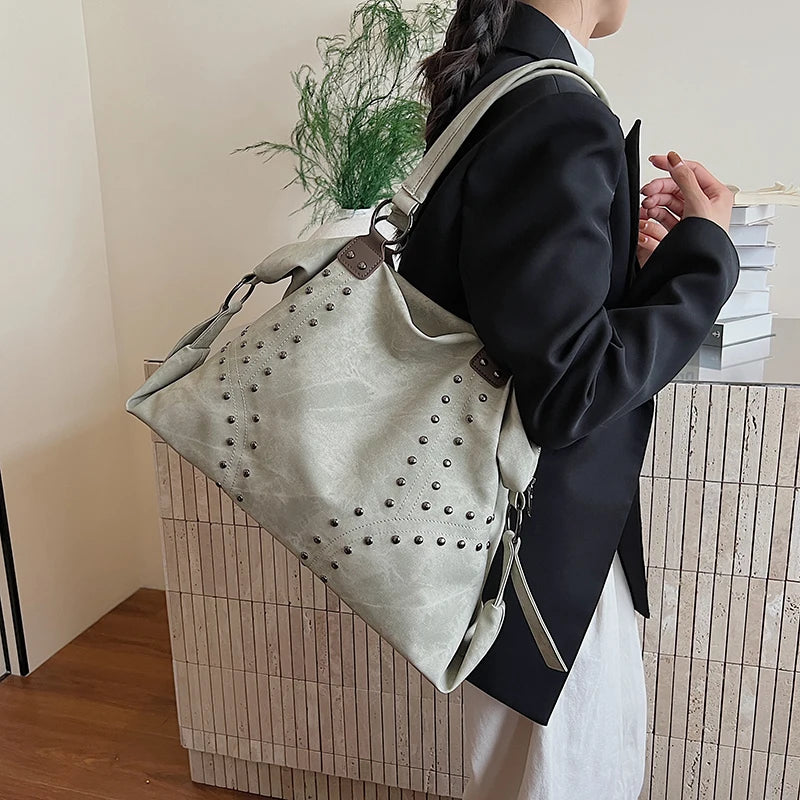Women's Rivet PU Leather Large Capacity Shoulder Bag – Punk Style Tote Handbag