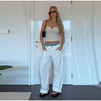 Women's Denim Patchwork Wide-Leg Ankle Jeans Drawstring Low Waist Loose Fit Casual Trendy Bottoms