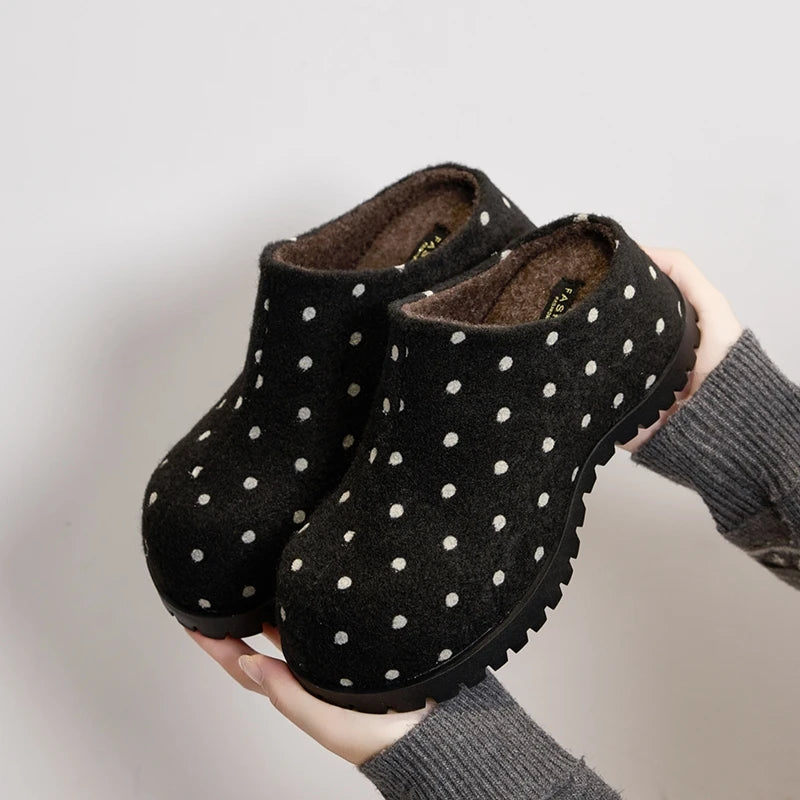 Damen Polka Dot Mule Hausschuhe Dicke Plattform Slip-On Offene Schuhe