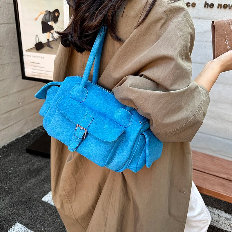 Women's Shoulder Bag Vintage Faux-Suede Baguette Zipper Underarm Bag with Phone Pocket