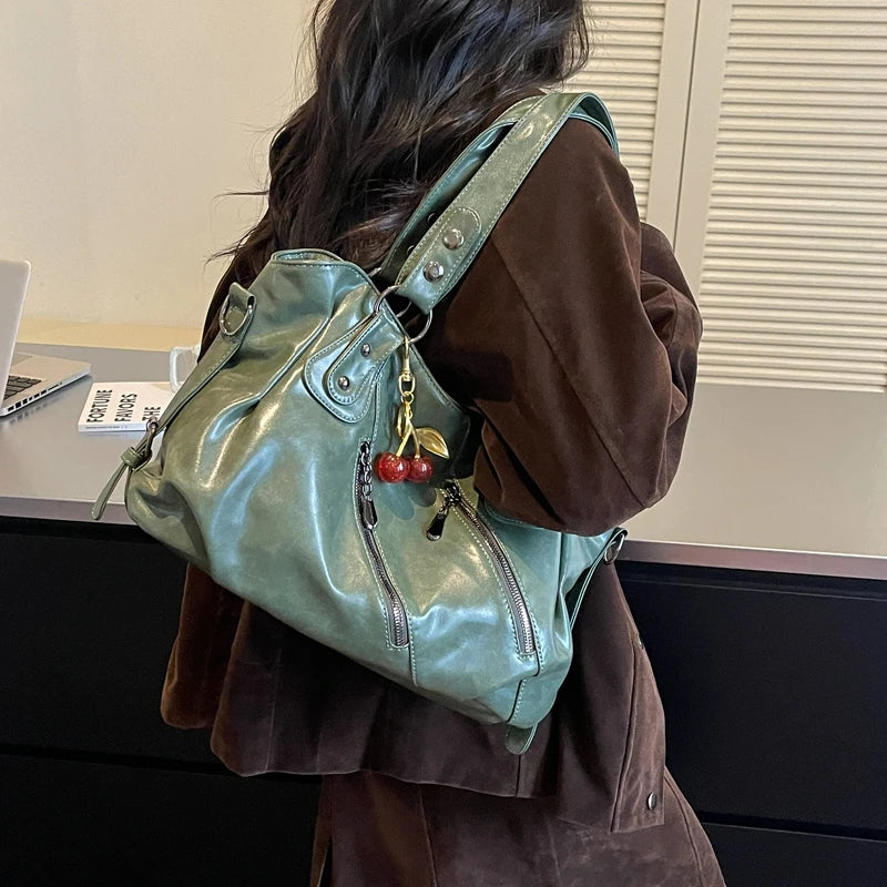 Women's Faux Leather Tote Shoulder Bag with Charm