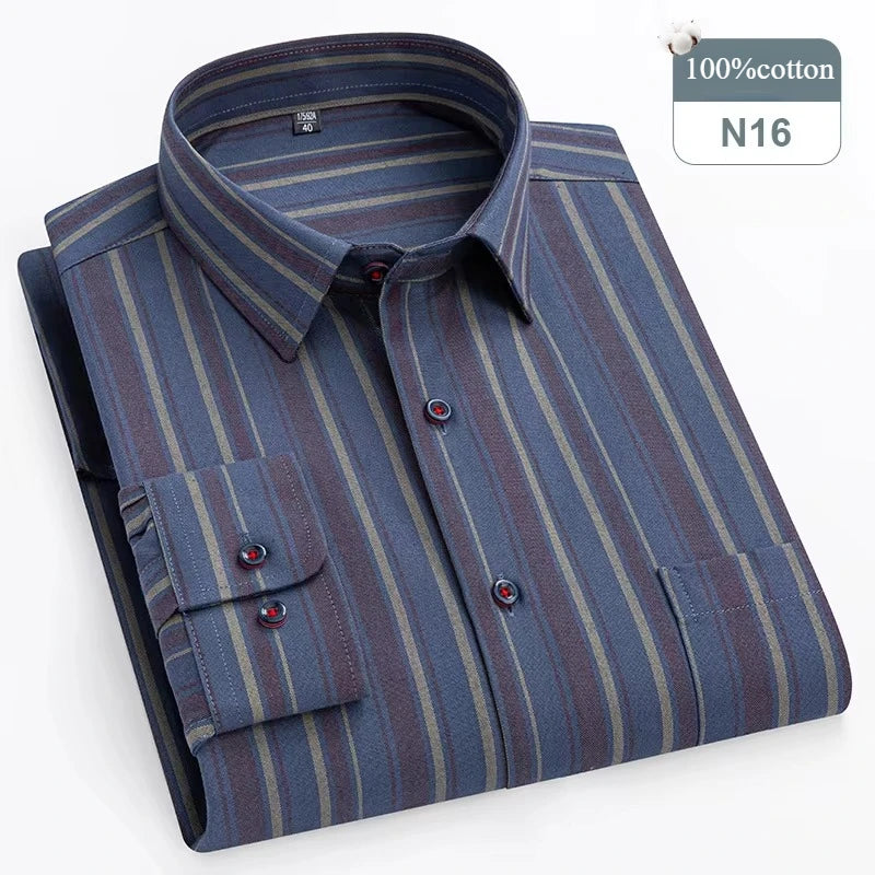 Plus Size 14XL 100%Cotton Long-Sleeve Shirts for Men Slim Fit Formal Plain Shirt Soft Plaid Striped Tops Office Elegants Clothes