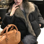 Women's Cropped Puffer Jacket with Faux Fur Collar