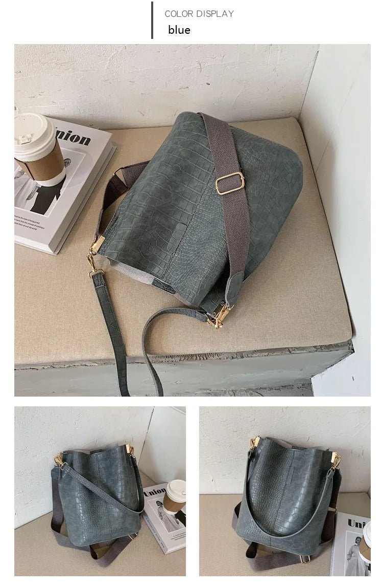 Women Bag Vintage Crocodile Pattern Crossbody Bags PU Leather Trend Designer Shoulder Handbags Large Capacity Bucket