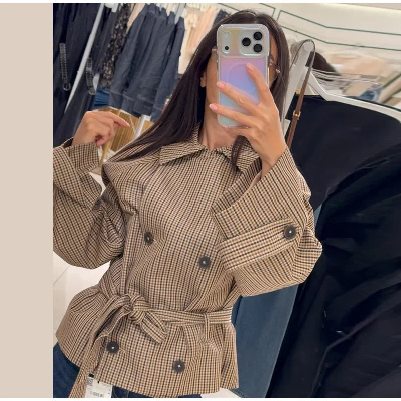 Women's Jacket Polyester Plaid Loose Stand Collar Full-Zip Full-Sleeve Casual Autumn Outerwear