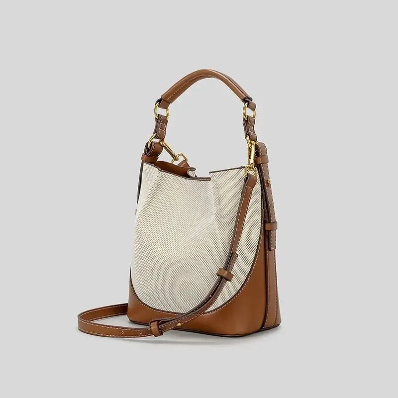 Women's Canvas & PU Leather Bucket Bag with Wide Crossbody Strap