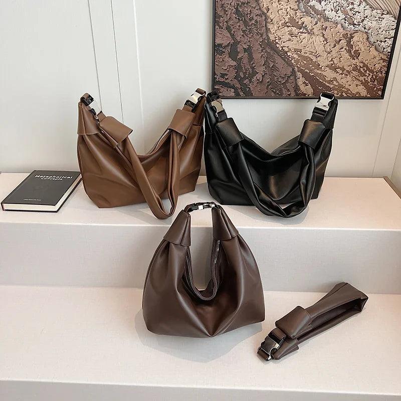 Soft Leather Handbags Women Buckle Push Lock Short Handle Zipper Purse