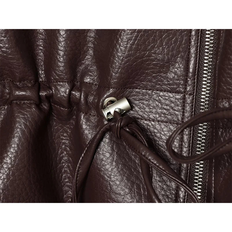 Women's Jacket Solid Faux Leather Drawstring Pleated Full-Zip Turn-Down Collar Loose Thick Streetwear Coat