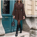 Women's Mini Dress Polka Dot Tie V-Neck Flared Long-Sleeve Slim-Fit Casual Summer Club Dress