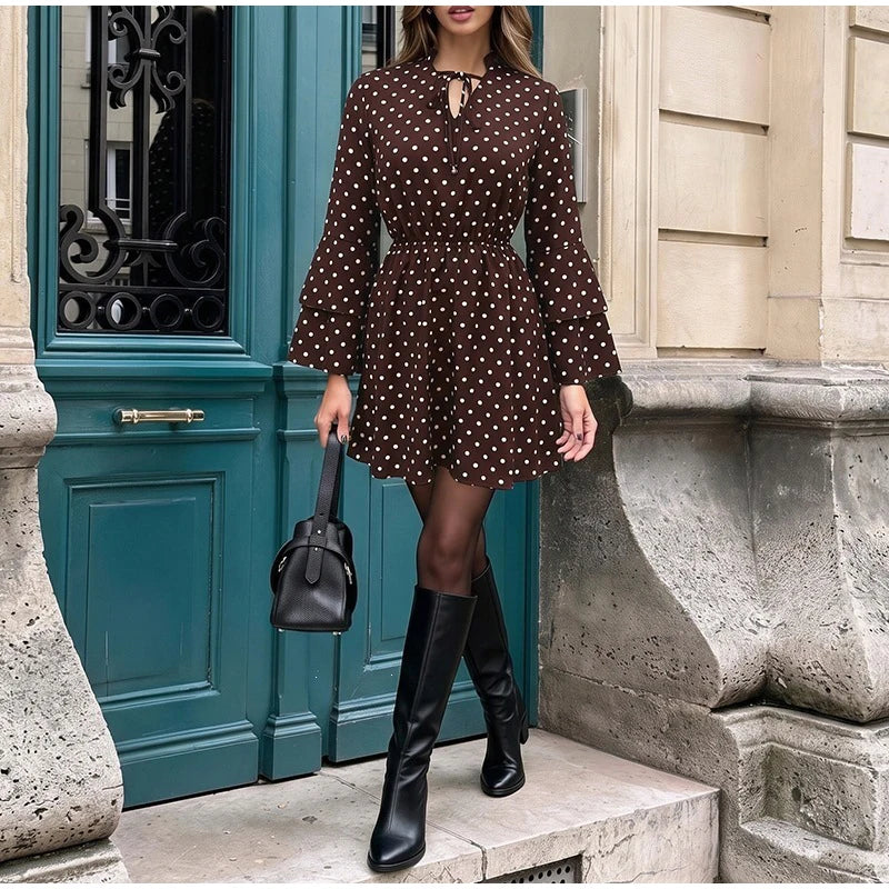 Women's Mini Dress Polka Dot Tie V-Neck Flared Long-Sleeve Slim-Fit Casual Summer Club Dress