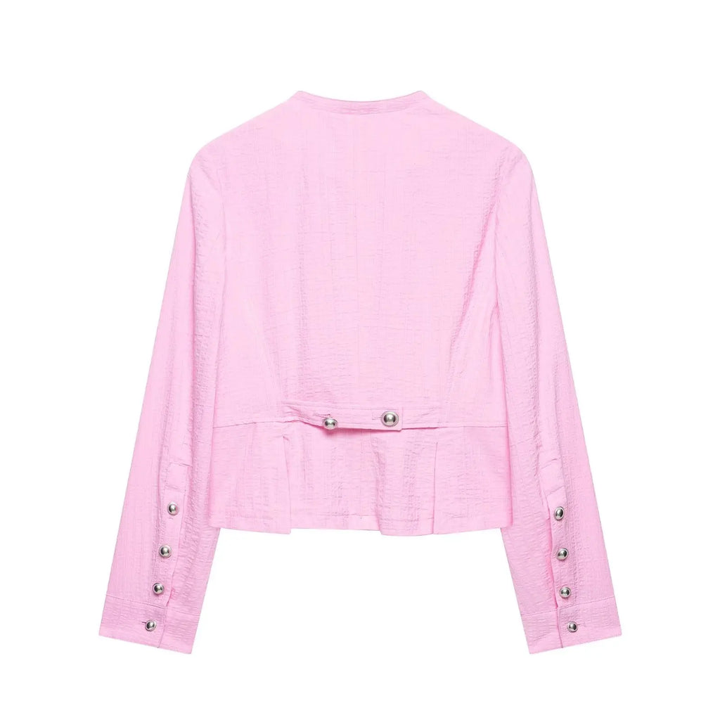 Women's Blazer Pink Solid Single-Breasted O-Neck Full-Sleeve Straight-Cut Pocket Casual Jacket