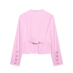 Women's Blazer Pink Solid Single-Breasted O-Neck Full-Sleeve Straight-Cut Pocket Casual Jacket