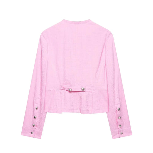 Women Fashion With Pockets Pink Single Breasted Blazer Vintage O-Neck Long Sleeves Female Chic Lady Outfits