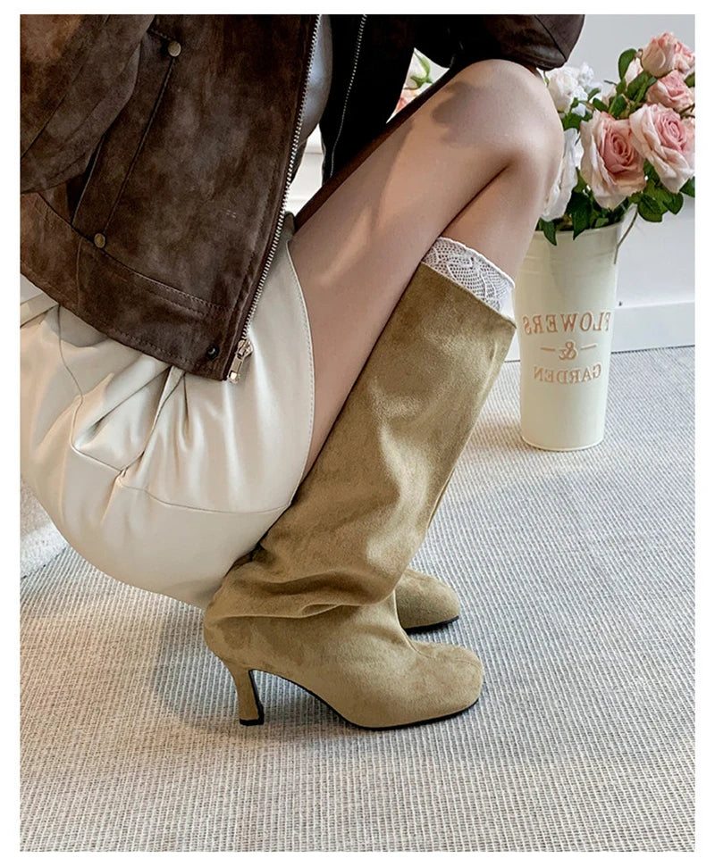 Women's Faux Suede Square Toe Knee-High Boots