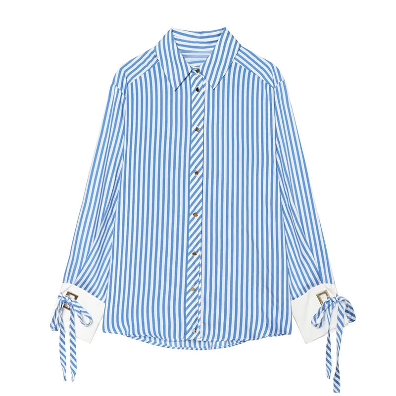Women's Shirt 2026 Fashion Bow-tie Striped Top Long Sleeve Elegance Chic Daily