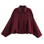 Women's Suede Textured Bomber Jacket Long Sleeve Lapel Collar Loose Coats Casual Outerwear