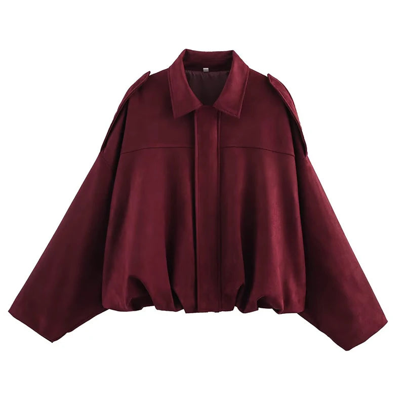 Women's Suede Textured Bomber Jacket Long Sleeve Lapel Collar Loose Coats Casual Outerwear