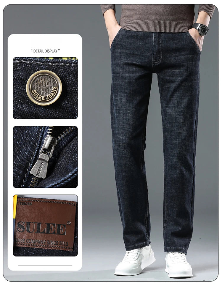 New High Quality Jeans Men's Business Casual Straight Denim Pants Stretch Fashion Classic Work Trousers Blue Black Male