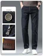 New High Quality Jeans Men's Business Casual Straight Denim Pants Stretch Fashion Classic Work Trousers Blue Black Male