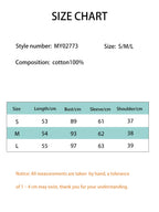 Gráfico digital da tabela de tamanhos estilo MY02773 mostrando composição de algodão e medidas em centímetros para tamanhos P M G